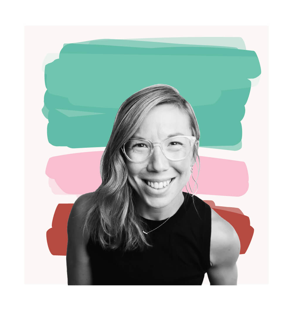 Tara with pink and green brushstrokes behind