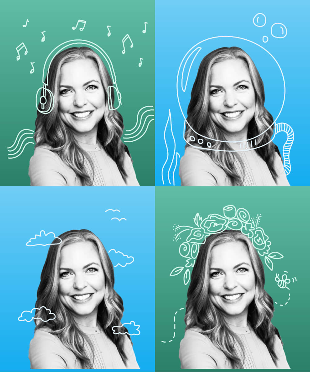 four photos of Laura Garnett with hand-drawn adornments overlaid, like a flower crown and friendly bee and old-timey deep sea explorer helmet