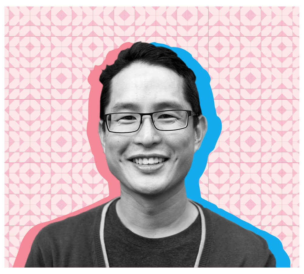 Guan with offset pink and blue shadows in front of a geometric background