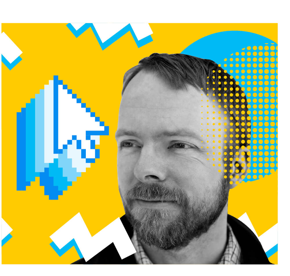 Chris Bowler in an 8-bit computer window, surrounded by pixelated and half-tone mouse cursors and shapes