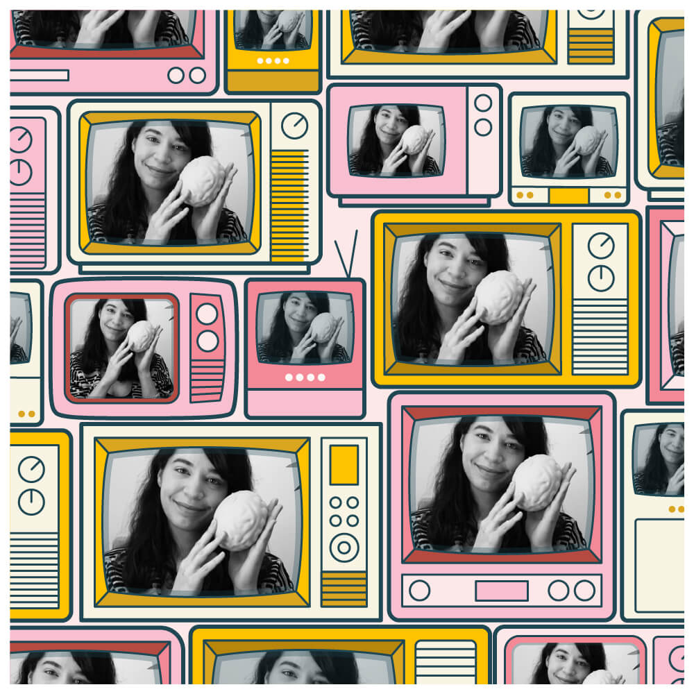 Stacks of retro televisions, each showing a photo of Anne-Laure