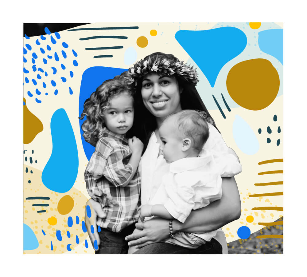 Clarinda wearing a floral headpiece holding two children, surrounded by colorful organic shapes