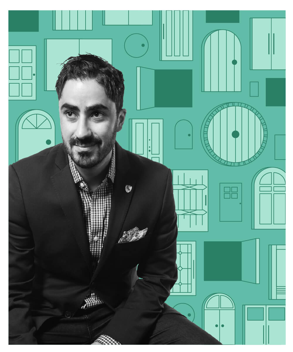 Soushiant in front of a background of illustrated doors