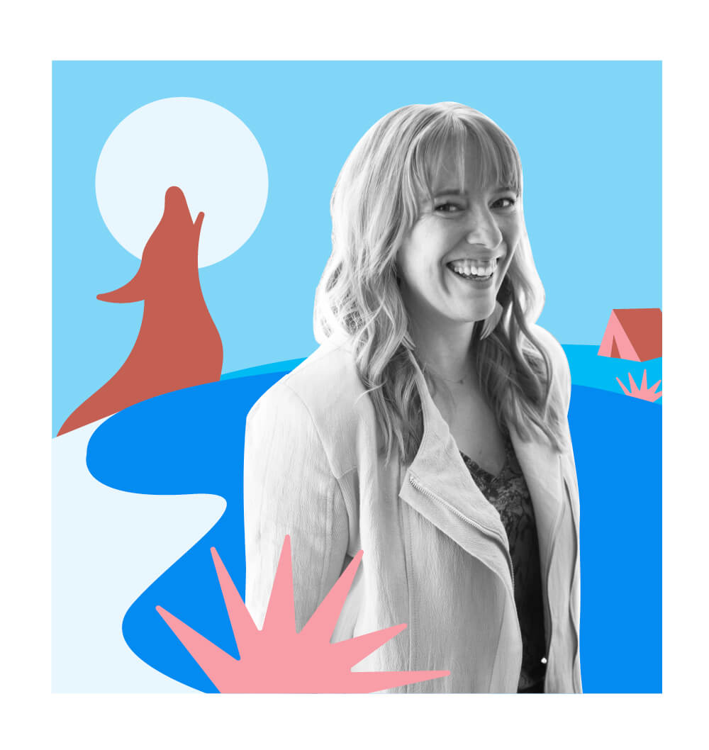 Cali Harris surrounded by illustrative nature including hills, a tent, and a coyote howling at the moon