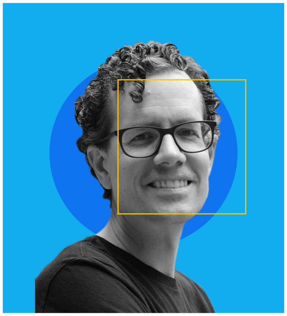 Brian framed with a graphic circle behind and square in front