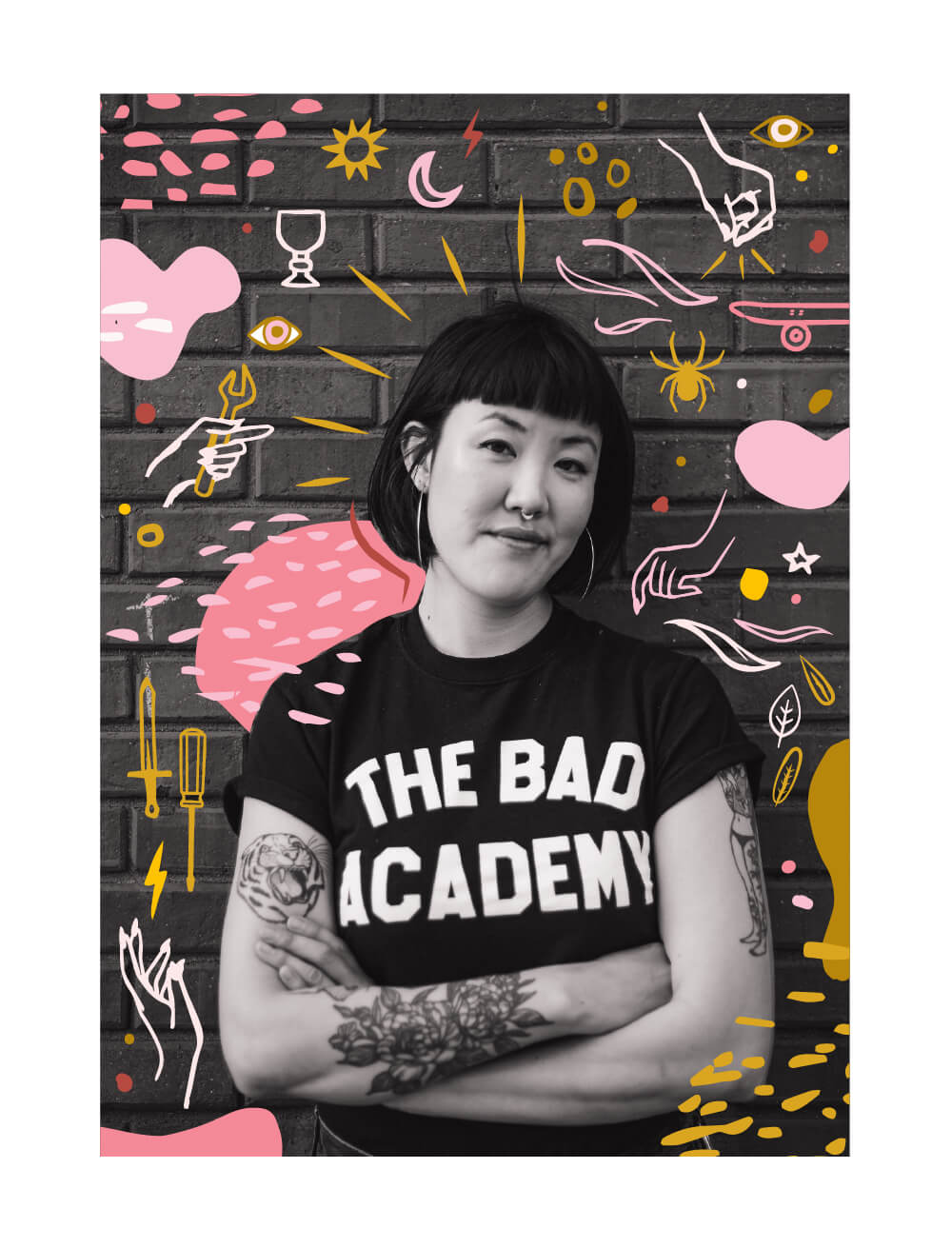 Amanda Kao leaning against a brick wall with illustrated hands and iconography surrounding her